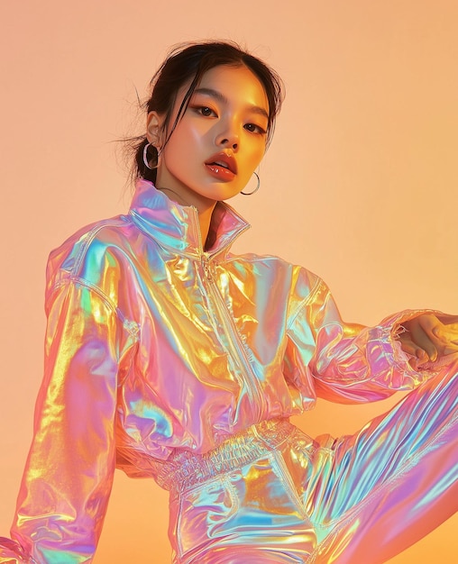 Photo fashion model beautiful young woman wearing holographic fashion outfit