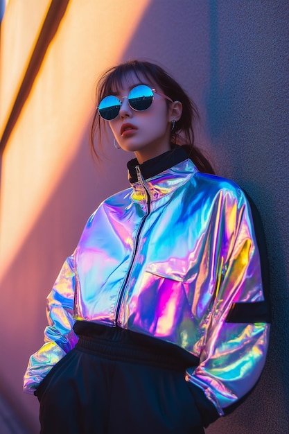 Photo fashion model beautiful young woman wearing holographic fashion outfit