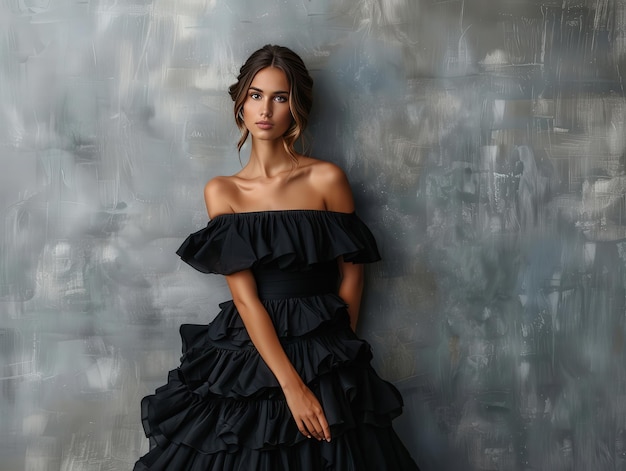 Photo fashion model in black dress with ruffles and textured background ai generative