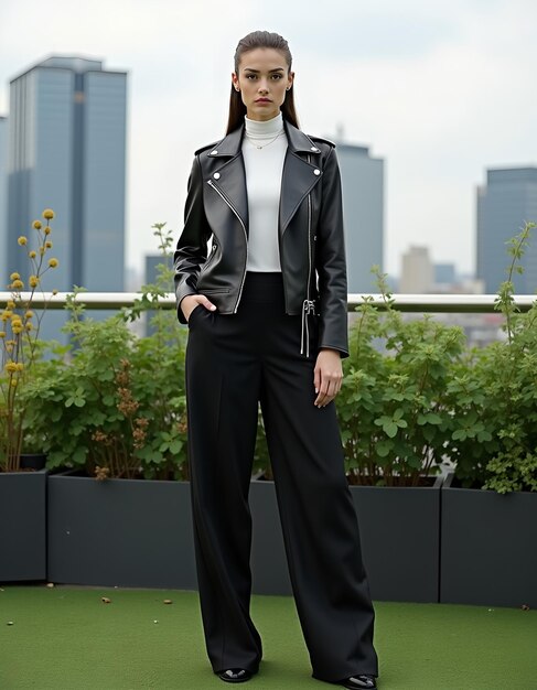 Photo fashion model in black leather jacket stands confidently on rooftop garden overlooking cityscape