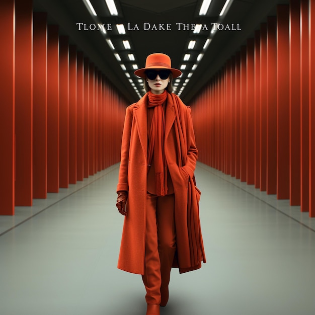 Photo fashion model in bold red outfit walking through a modern corridor