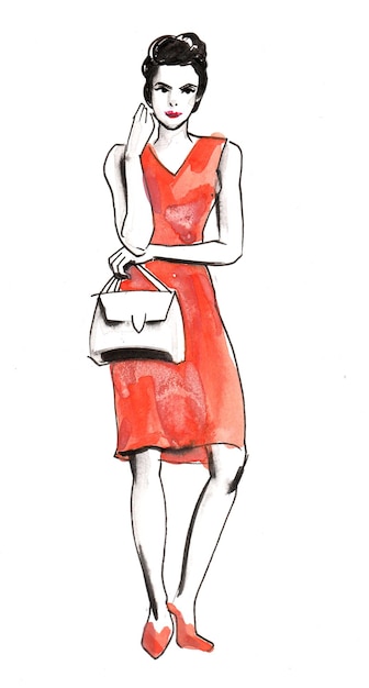 Fashion model. Ink and watercolor drawing