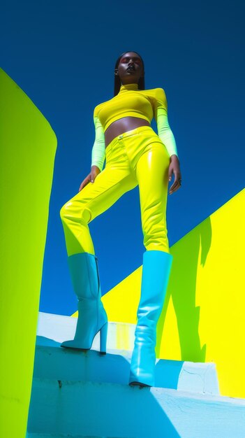 Photo fashion model posing in bright yellow outfit against blue sky and yellow wall