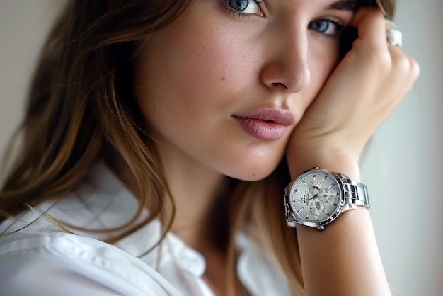 Photo fashion model presents luxury watches in light background focal 50mm