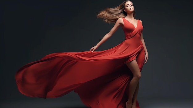 fashion model in red beauty dress sexy girl posing on gray background made by generative AI