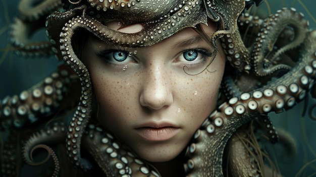 Fashion Model Surrounded by Sea Creatures Generative AI