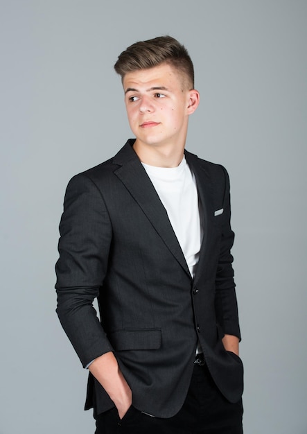 Fashion model teen teen boy wear black formal jacket young businessman handsome teen male male barbershop and hairdresser mens beauty standards small business owner