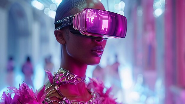 Fashion Model In VR Headset Futuristic Style and Technology Glamorous Pink Ambiance AI Generated