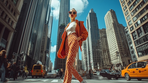 A fashion model walking down a city street in a trendy outfit with skyscrapers and busy city life i