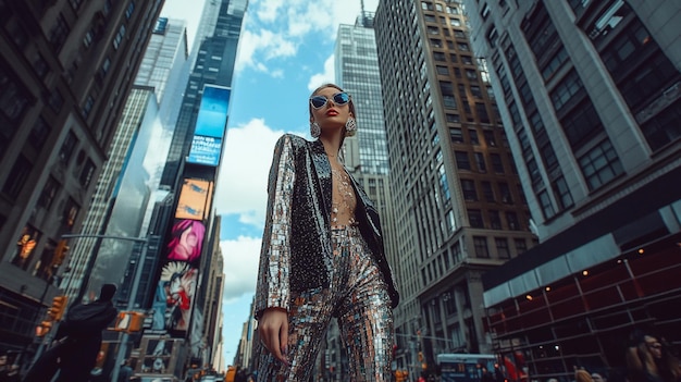 A fashion model walking down a city street in a trendy outfit with skyscrapers and busy city life i