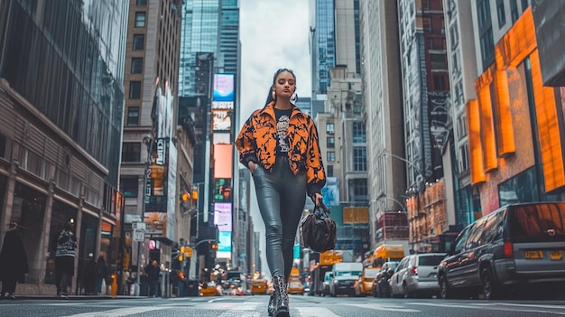 A fashion model walking down a city street in a trendy outfit with skyscrapers and busy city life i