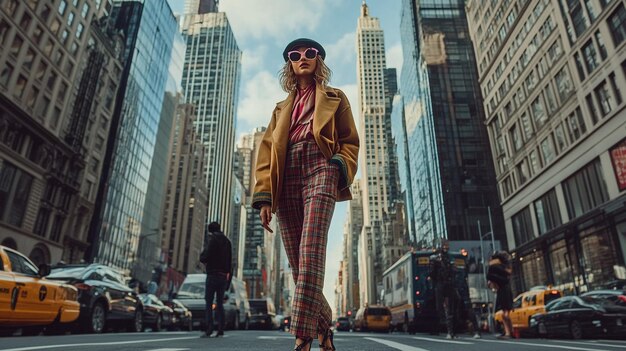 A fashion model walking down a city street in a trendy outfit with skyscrapers and busy city life i