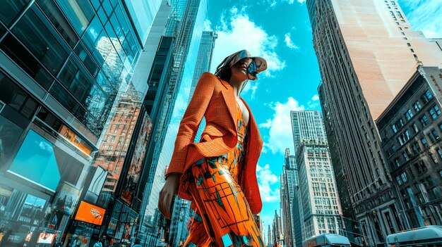 Photo a fashion model walking down a city street in a trendy outfit with skyscrapers and busy city life i