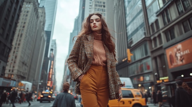 A fashion model walking down a city street in a trendy outfit with skyscrapers and busy city life i