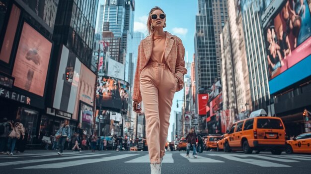 A fashion model walking down a city street in a trendy outfit with skyscrapers and busy city life i