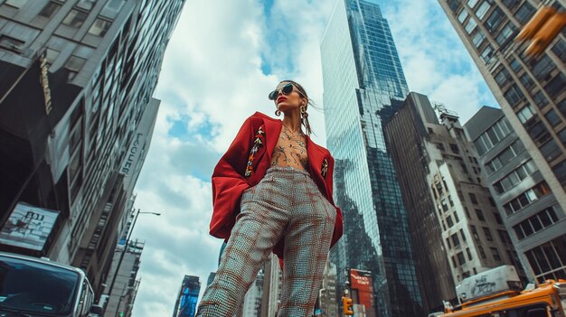 Photo a fashion model walking down a city street in a trendy outfit with skyscrapers and busy city life i