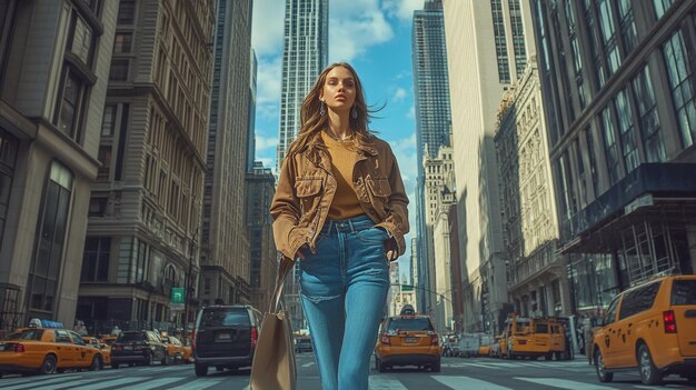 A fashion model walking down a city street in a trendy outfit with skyscrapers and busy city life i