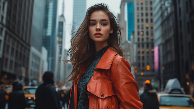 A fashion model walking down a city street in a trendy outfit with skyscrapers and busy city life i