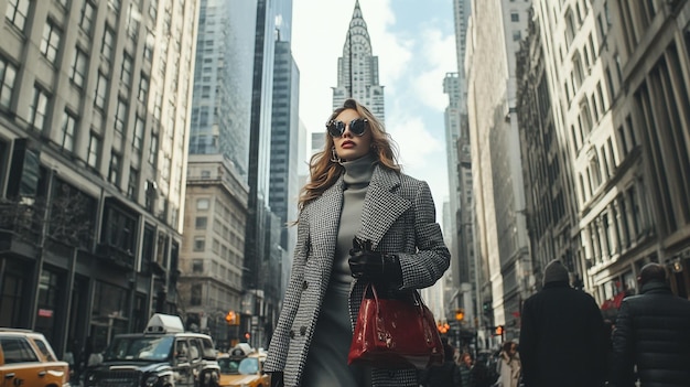 Photo a fashion model walking down a city street in a trendy outfit with skyscrapers and busy city life i