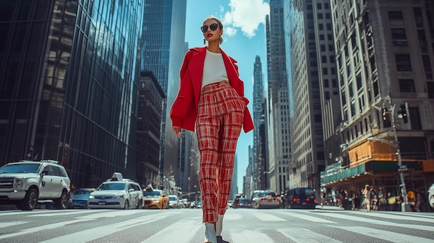 A fashion model walking down a city street in a trendy outfit with skyscrapers and busy city life i