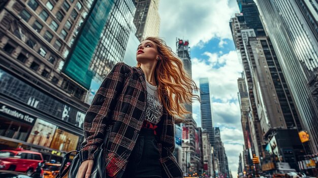 A fashion model walking down a city street in a trendy outfit with skyscrapers and busy city life i