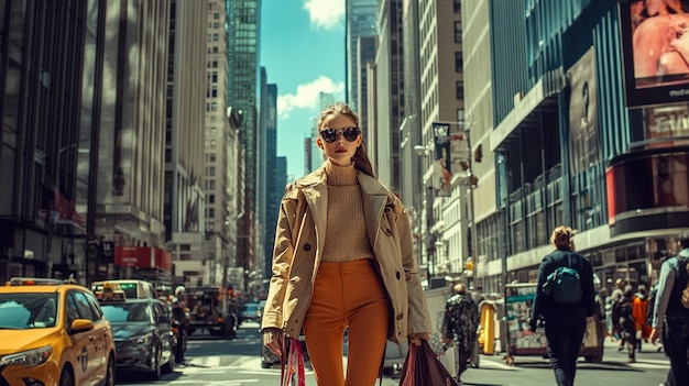 A fashion model walking down a city street in a trendy outfit with skyscrapers and busy city life i