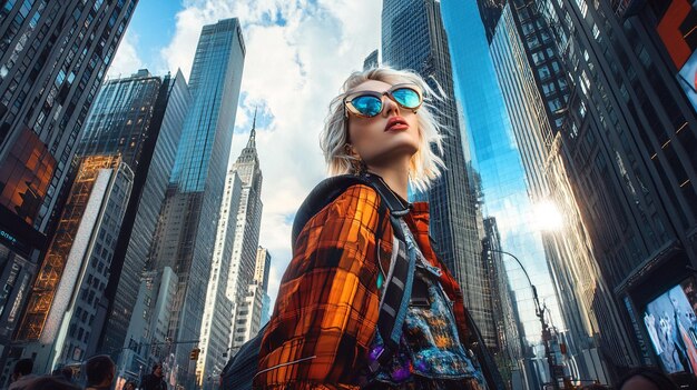 Photo a fashion model walking down a city street in a trendy outfit with skyscrapers and busy city life i