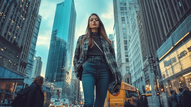 A fashion model walking down a city street in a trendy outfit with skyscrapers and busy city life i