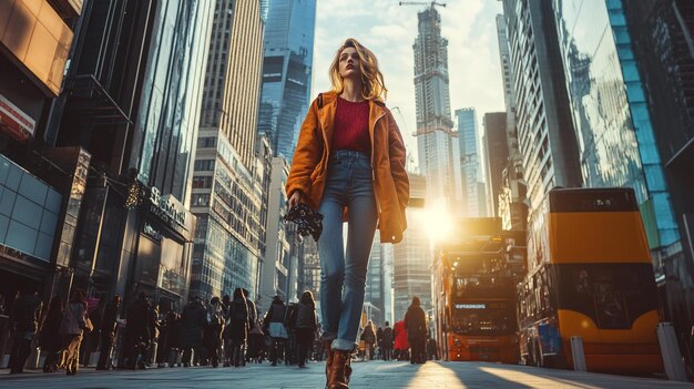 Photo a fashion model walking down a city street in a trendy outfit with skyscrapers and busy city life i