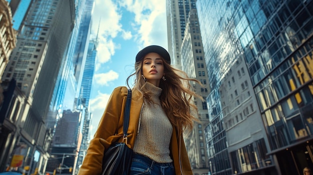 A fashion model walking down a city street in a trendy outfit with skyscrapers and busy city life i