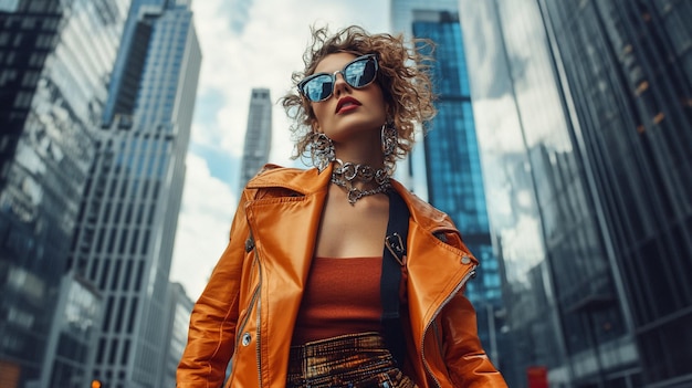 A fashion model walking down a city street in a trendy outfit with skyscrapers and busy city life i