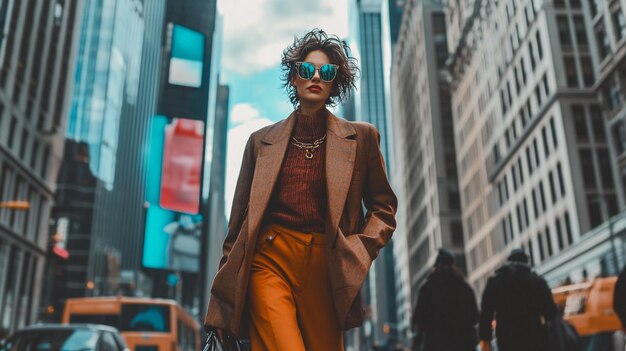 Photo a fashion model walking down a city street in a trendy outfit with skyscrapers and busy city life i