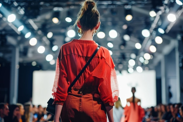 Photo a fashion model walks down the runway wearing a striking red outfit surrounded by a sea of bright lights and a captivated audience