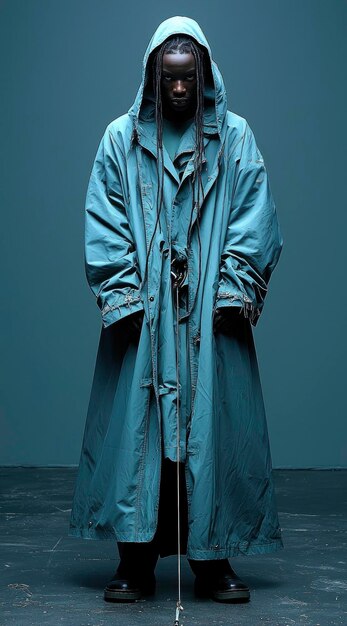 Photo fashion model wearing a long blue raincoat