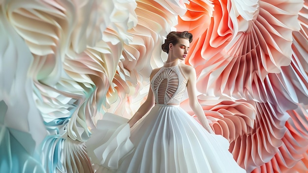 Fashion model in a white dress against a backdrop of colorful wavy abstract art