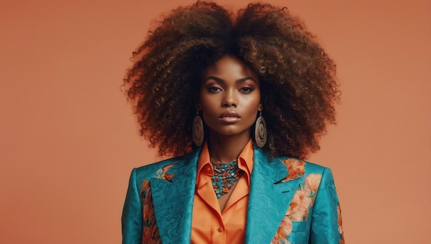 Fashion model with natural afro hairstyle wearing blue and gold suit