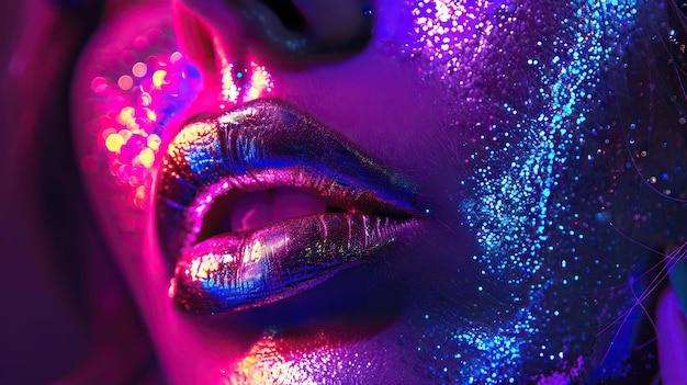 Fashion model with neon makeup in studio lights