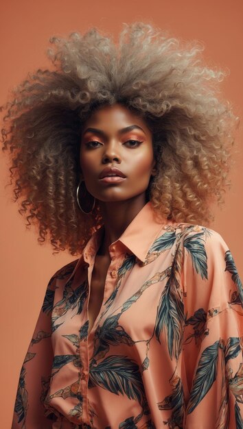 Fashion model with shaggy blonde curly hair in a floral top