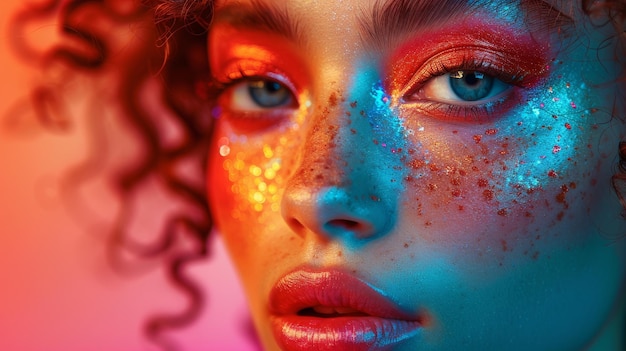 Fashion model woman in colorful bright lights posing portrait of a beautiful girl with trendy makeup Art design bright makeup Against a vivid colourful background