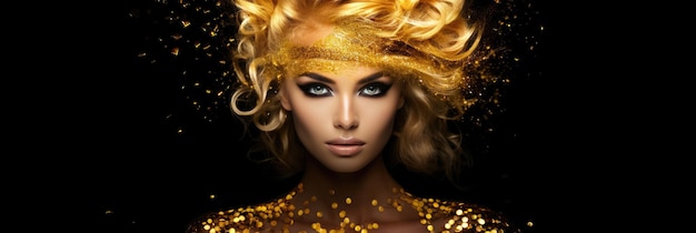 Fashion model woman in golden bright sparkles Girl with golden skin and hair portrait closeup Holiday glamour shiny professional makeup on black