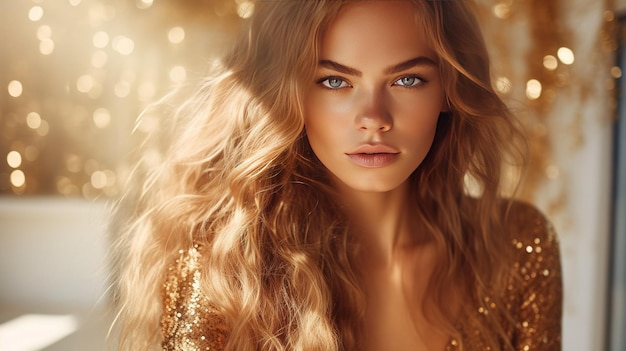 Photo fashion model woman in golden shiny sparkles girl with golden skin and hair portrait closeup