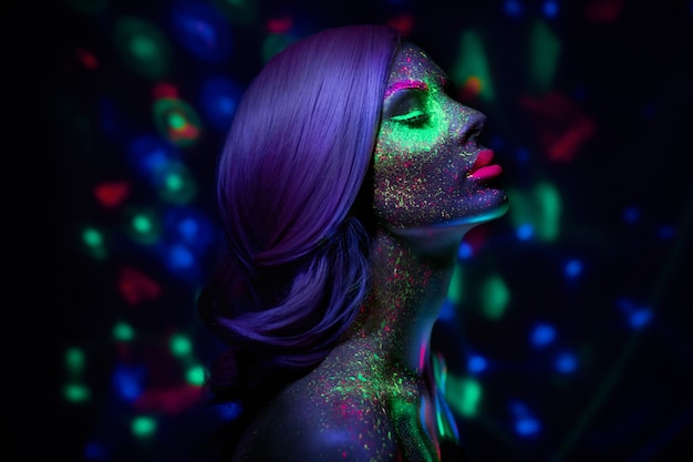 Fashion model woman in neon light bright fluorescent makeup, long hairand drops on face.