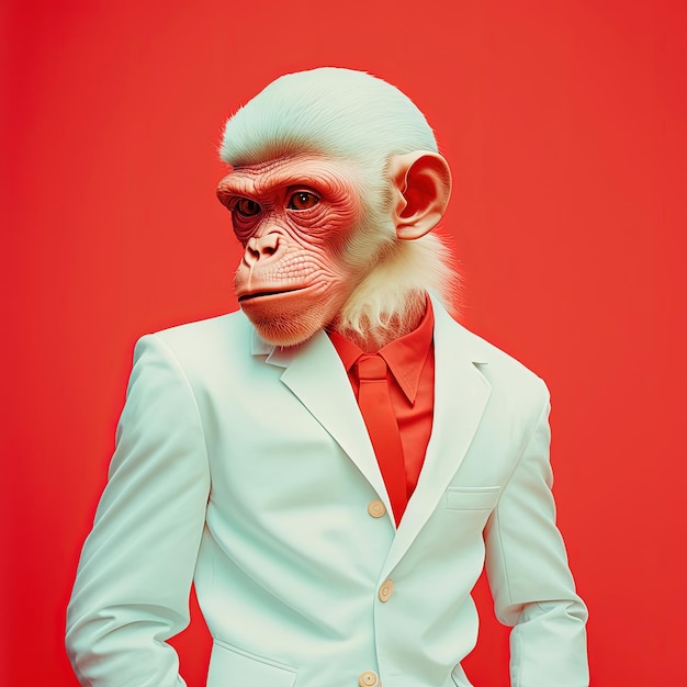 Fashion monkey in white suit portrait red background Generative AI