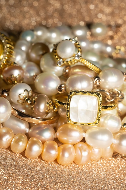 Fashion natural freshwater pearl bracelets, necklace and ring, close up.