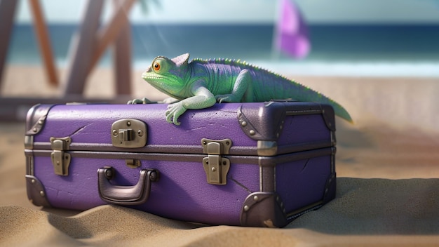 Fashion patch badges with cute chameleon on suitcases on a beach background