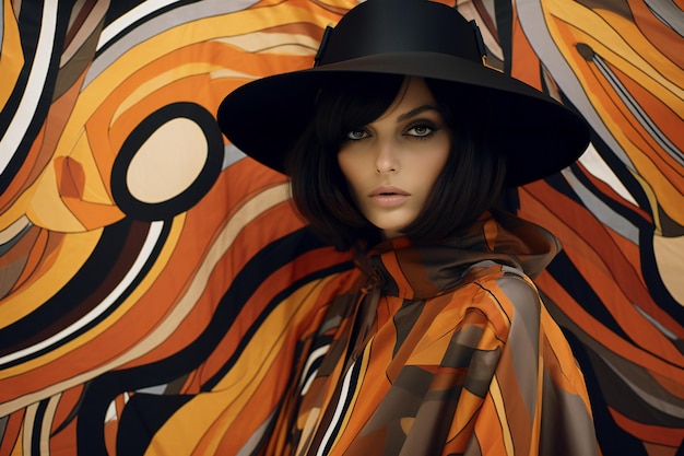 Fashion photo of beautiful sensual woman with dark hair in elegant clothes and hat posing in studio