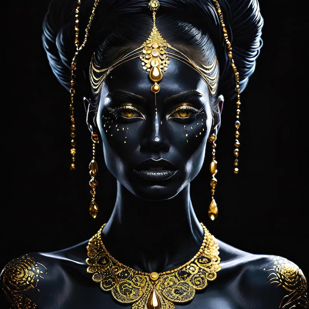 fashion photograph of a beautiful model completely covered in black paint with gold jewelry