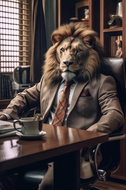 Fashion photography of a anthropomorphic Lion dressed as businessman clothes in office