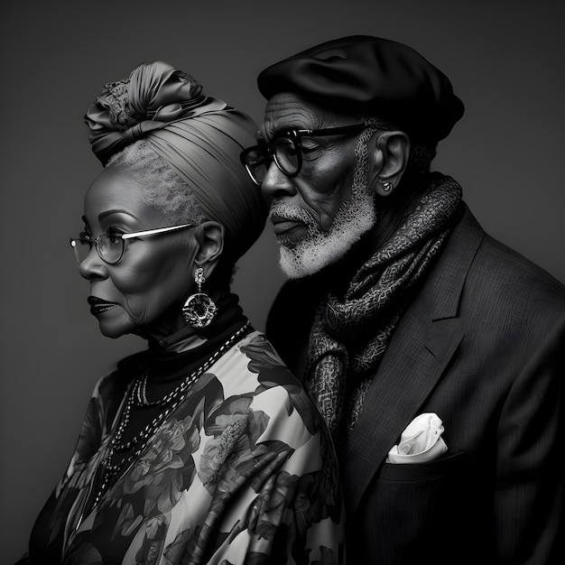 Fashion photography of black old couple for black month history, valentine's day, magazine cover