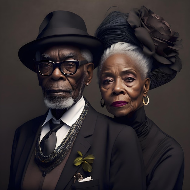 Fashion photography of black old couple for black month history, valentine's day, magazine cover